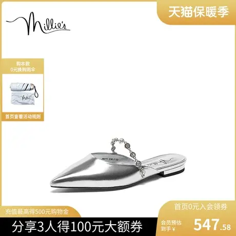 妙丽夏季新款法式气质一脚蹬平底拖鞋尖头银色水钻一字带J8271BH3图片