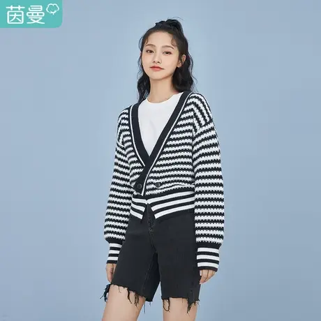 茵曼毛衣女设计感小众开衫2023年春季新款条横大V领气质撞色针织图片