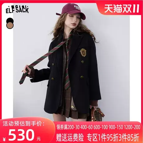 妖精的口袋双面呢西装毛呢外套女2023冬季新款复古学院风黑色大衣图片