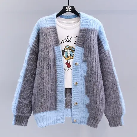 复古慵懒风拼色毛衣外套女秋冬2023新款宽松高级感中长款针织开衫商品大图