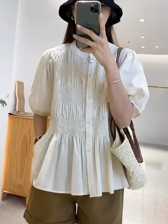 短袖衬衫女夏季新款2023爆款宽松显瘦衬衣法式掐腰欧货泡泡袖上衣商品大图