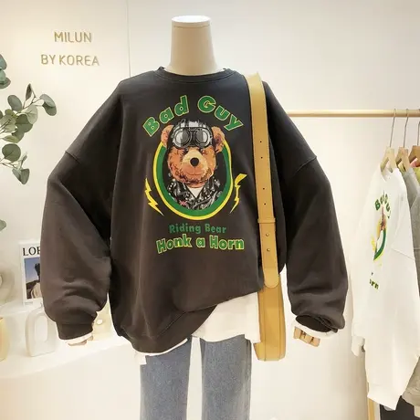 韩国东大门卫衣2021秋季新款小熊宽松小众设计感BF卫衣大版休闲商品大图