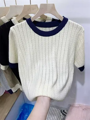 2023春季新款撞色软糯针织衫女短袖设计感小众慵懒风百搭毛衣上衣商品大图