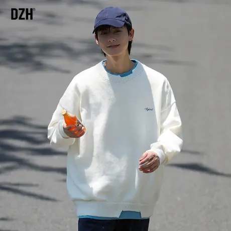 男士白色假两件毛衣男秋冬宽松圆领冬季新款保暖外套潮牌休闲上衣商品大图