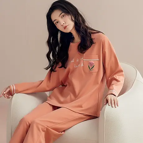 MiiOW/猫人睡衣女春秋季纯棉长袖圆领2023年新款可外穿家居服套装图片