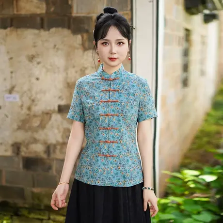 筠雅夏季新款蓝色唐装上衣女中式国风改良复古女士斜襟短袖25J198商品大图