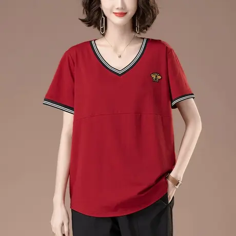 V领短袖t恤女夏季新款宽松加大码女装中年妈妈休闲纯棉显瘦体恤衫商品大图
