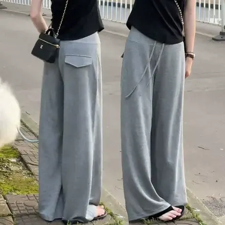 韩版设计感高腰抽绳休闲裤女2025年新款时尚潮流阔腿裤拖地裤长裤图片