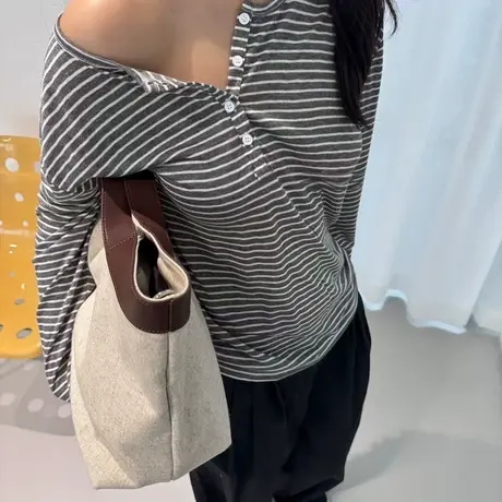 长袖T恤2025秋季新款美式复古辣妹潮宽松收腰设计感条纹打底衫女商品大图