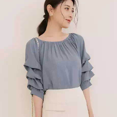 桔熊夏季通勤别致宽松微光泽圆领设计感堆堆袖上衣女大码AB18261图片