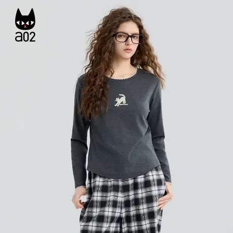 a02黑猫系列宽松长袖T恤女2025新款秋季慵懒松弛感圆领打底衫上衣商品大图