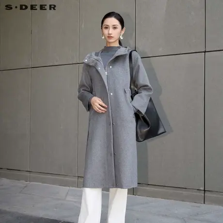 sdeer圣迪奥冬季女装学院风高领连帽拼接毛呢长款大衣S24482513商品大图