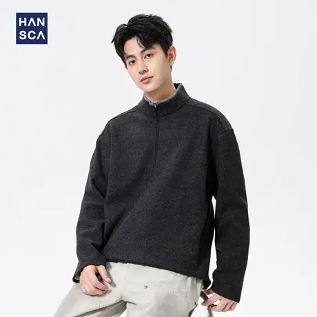 hansca410g美式复古宽松长袖t恤男秋季潮牌半拉链立领保暖打底衫商品大图