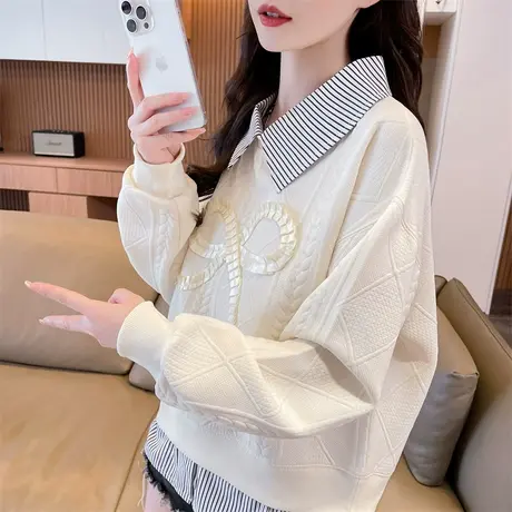 衬衫领卫衣女2025新款春秋季韩版宽松薄款polo领初中生假两件外套商品大图