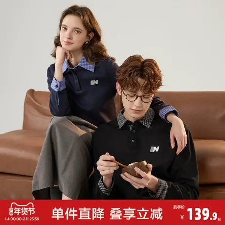 唐狮2026春季新款情侣长袖polo假两件男士休闲美式通勤风女士短款商品大图