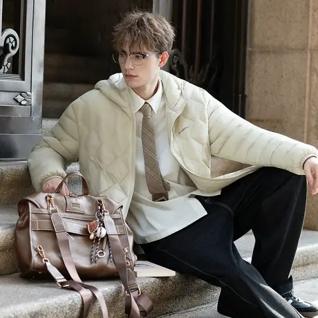 唐狮秋冬季轻薄款羽绒服男连帽菱格短款保暖鸭绒羽绒外套潮流TUTA商品大图