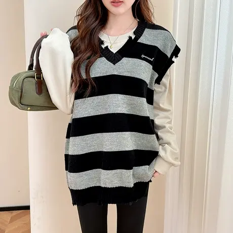 唐狮秋冬毛衣女宽条纹设计V领宽松套头马甲外穿高级感百搭潮TM图片
