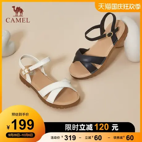 骆驼女鞋2023夏季新款真皮一字带休闲平底凉鞋女罗马风时装凉鞋图片