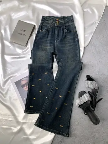 排扣金属字母牛仔喇叭裤女2023秋新款显瘦百搭高腰马蹄裤微喇长裤商品大图