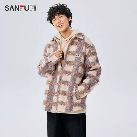 三福2023冬男士复古格纹带帽长衬衫 休闲宽松外套上衣男478021图片