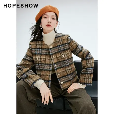 【直播专享】冬季长毛格纹单排金属扣圆领外套90123360407红袖图片