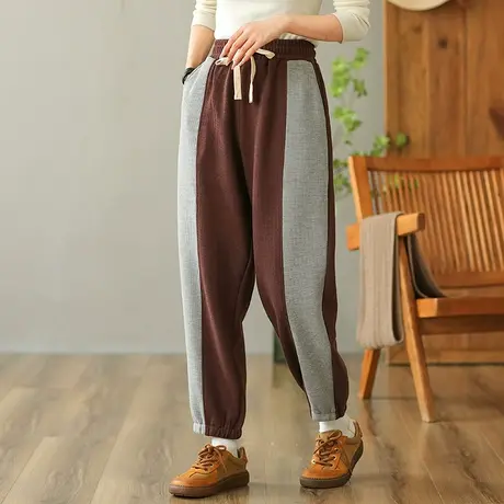 dza 高腰显瘦拼接撞色哈伦裤子女秋冬休闲长裤宽松阔腿裤直筒卫裤商品大图