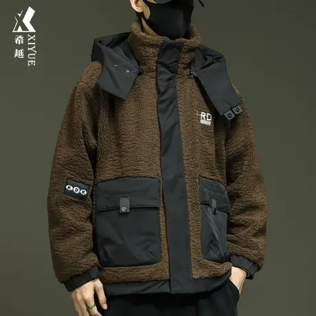 希越冬季加厚摇粒绒外套男士多口袋工装棉衣宽松大码撞色拼接棉袄图片