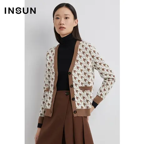 恩裳商场同款春季时尚千鸟格印花棉质舒适毛织衫美拉德外套图片