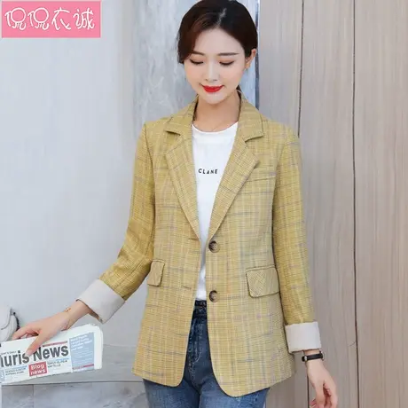长袖小西装外套女2023秋装韩版英伦风格子西服设计感小众黄色上衣商品大图