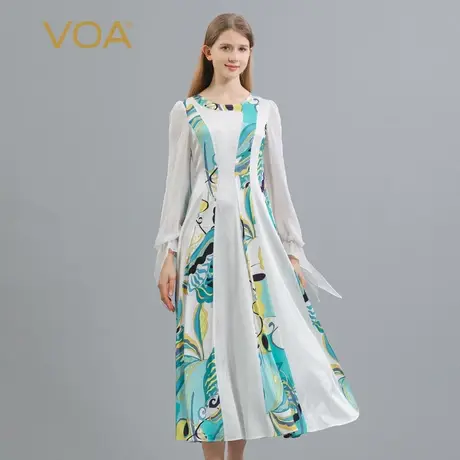 VOA33姆米印花针织桑蚕丝圆领喇叭长袖拼接乔其丝绸真丝连衣裙图片
