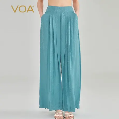 VOA冰蓝色暗纹提花桑蚕丝自然腰风琴褶侧口袋宽松清爽真丝长裙裤商品大图