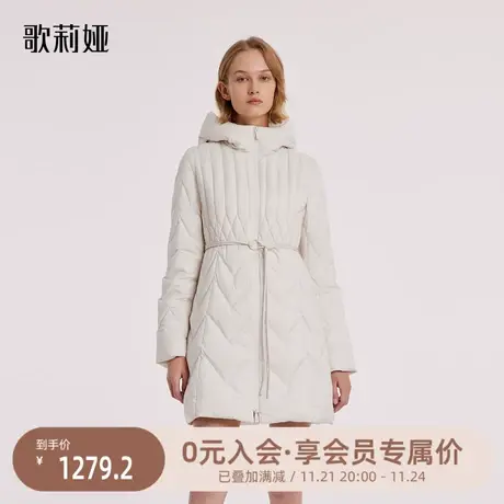 首降|歌莉娅中长款羽绒服女白色2023冬季新款连帽鹅绒服外套商品大图