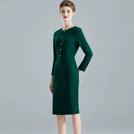 水墨青华冬新款时尚百搭一步裙气质优雅修身长袖钉珠连衣裙图片