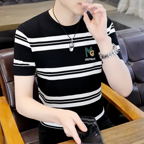 t恤男夏季高端冰丝短袖潮流韩版圆领条纹半袖滑料休闲凉感上衣服图片