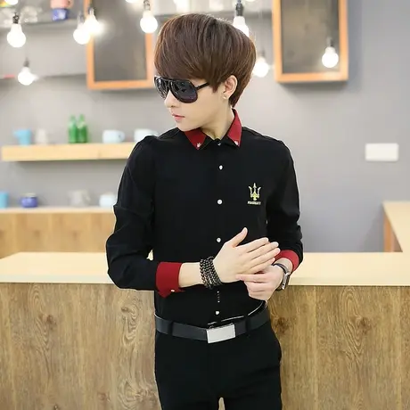 秋季韩版潮流长袖衬衫男士衬衣青少年初中学生修身寸衫帅气上衣服商品大图