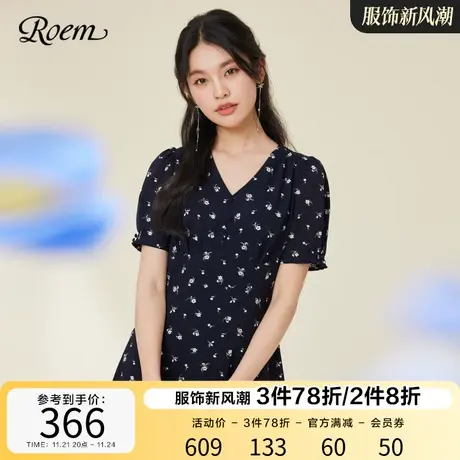 ROEM商场同款轻熟风温柔气质连衣裙2023春夏新款碎花V领桔梗裙图片