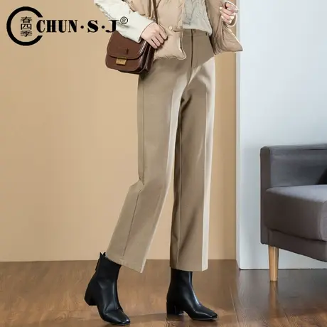 毛呢直筒裤女秋冬2023新款卡其色裤子高腰休闲阔腿呢子西装烟管裤图片