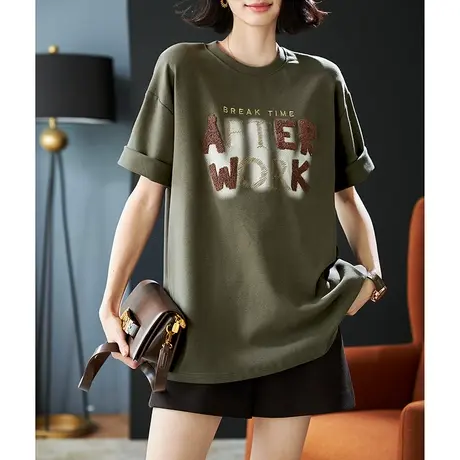 宝诗黎2024春季新款棉质宽松上衣女圆领字母印花抓绒落肩短袖T恤商品大图