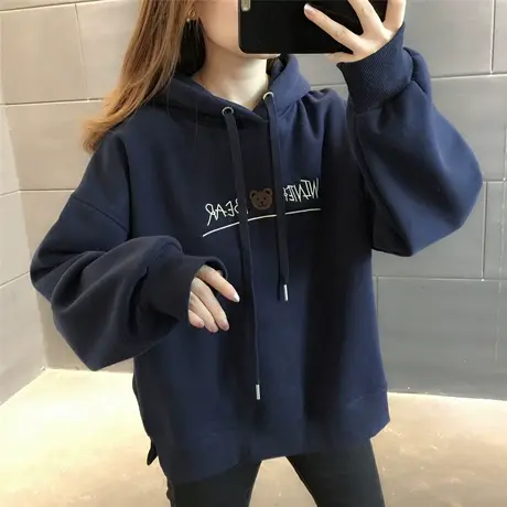 连帽加绒卫衣女冬季通勤简约宽松显瘦字母印花长袖上衣秋季新款图片