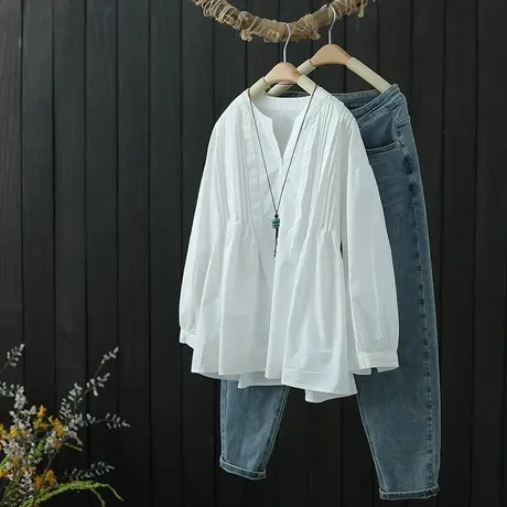 白色娃娃衫女新款2022年春秋季纯色宽松V领套头衬衫长袖纯棉衬衣图片