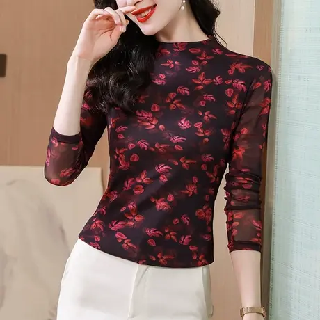 半高领打底衫女内搭时尚复古印花雪纺衫妈妈装气质修身长袖上衣潮商品大图