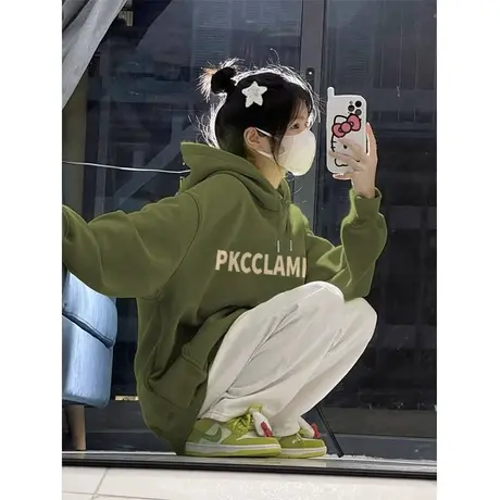 绿色连帽卫衣女2023新款爆款外套oversize多巴胺秋冬穿搭宽松上衣商品大图