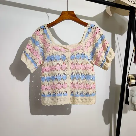 勾花镂空针织开衫女夏季新款设计感小众时尚甜妹方领短款小衫上衣商品大图