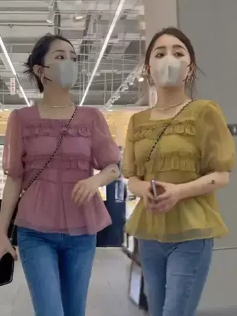 方领泡泡袖短款上衣女短袖衬衫设计感小众韩版娃娃衫2023年夏季款图片