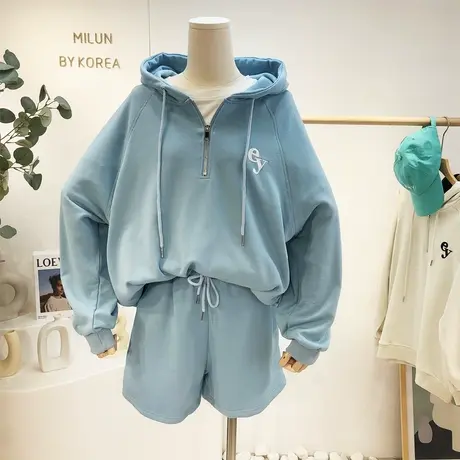 韩国东大门休闲套装2021秋季新款毛圈棉连帽卫衣阔腿裤两件套潮商品大图