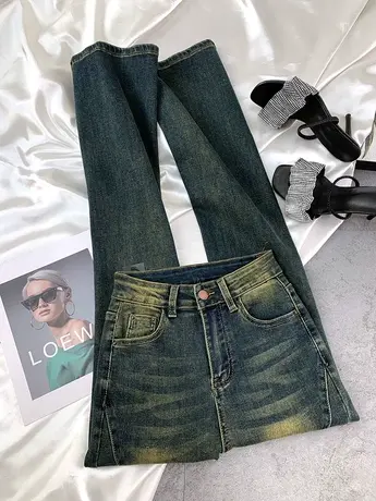 韩版磨白复古牛仔喇叭裤女2023秋季新款显瘦百搭弹力高腰微喇长裤商品大图