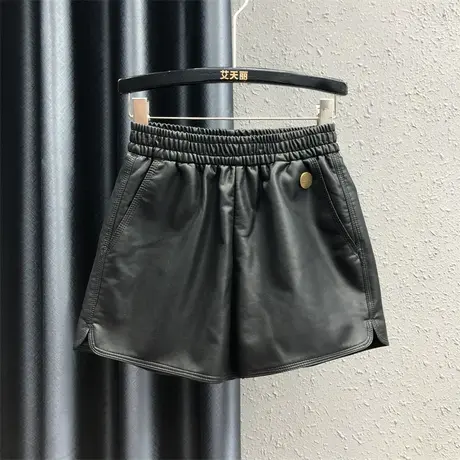 欧货侧边开叉休闲裤女23秋冬新款黑色松紧腰气质百搭PU皮阔腿短裤图片