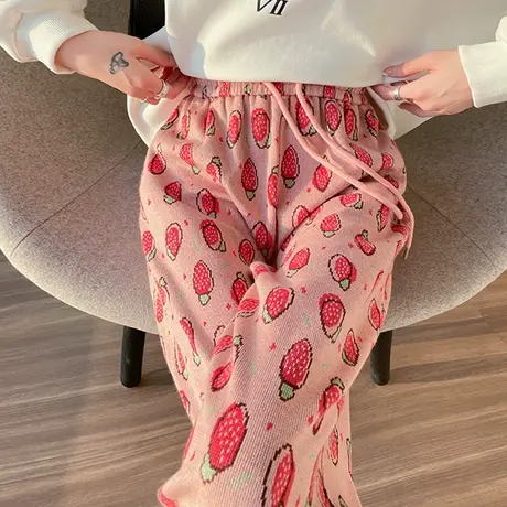 羊绒毛呢花苞哈伦裤女秋冬新款加厚显瘦印花小个子阔腿束脚休闲裤商品大图