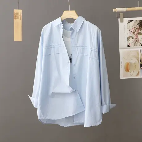 蓝色衬衫女士长袖春秋季设计感宽松叠穿上衣外搭中长款衬衣打底衫图片