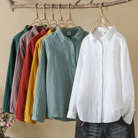 衬衫女2023年秋季新款长袖折皱双层棉纱上衣打底外套学生休闲衬衣商品大图